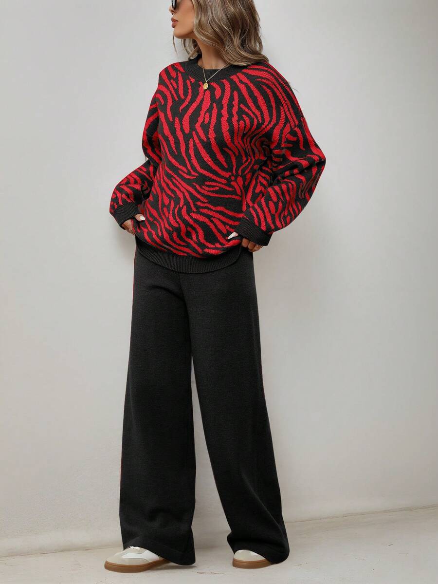 Aveloria Modichic 2pcs Set Casual Loose Random Zebra Print Knitted Sweater And Pants Oversized Cheetah Printsweater  - Multicolor - View 1