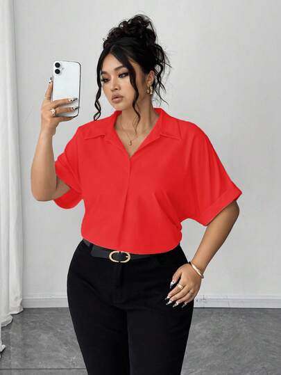 Elenzga Plus Size Summer Commuter Solid Color Collar Batwing Sleeve Shirt