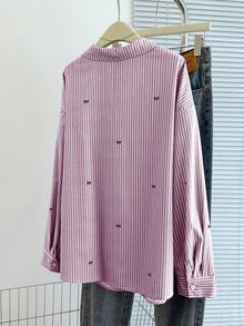 GlowEve CURVE Plus Size Casual Striped Bow Print Button Front Long Sleeve Shirt, Autumn