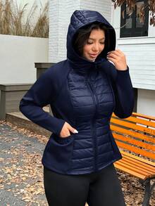 SHEIN EZwear 大码女式海军蓝连帽夹克，秋冬 - 藏蓝色 - 查看 6