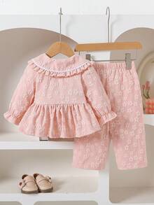 SHEIN 2 件套女婴荷叶边领扣上衣 + 裤子可爱套装，休闲百搭泡泡袖荷叶边下摆衬衫 T 恤搭配松紧腰喇叭裤，适合春秋季休闲外出或旅行 - 粉色 - 查看 2