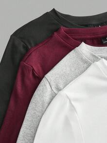 SHEIN EZwear 4件組女款圓領休閒基本修身長袖T恤套裝，秋冬日常日穿晚穿，黑色、酒紅、灰色、白色 - 彩色 - 查看 11