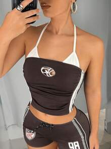 SHEIN ICON 女款街頭風 Y2K 休閒健身白色與棕色條紋掛脖短版上衣，夏季對比色繫帶後領無袖背心，適合日常穿著 - 棕色 - 查看 6