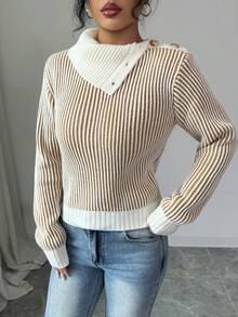 SHEIN Elenzya 优雅纽扣肩高领长袖罗纹针织毛衣，秋冬 - 卡其色 - 查看 5
