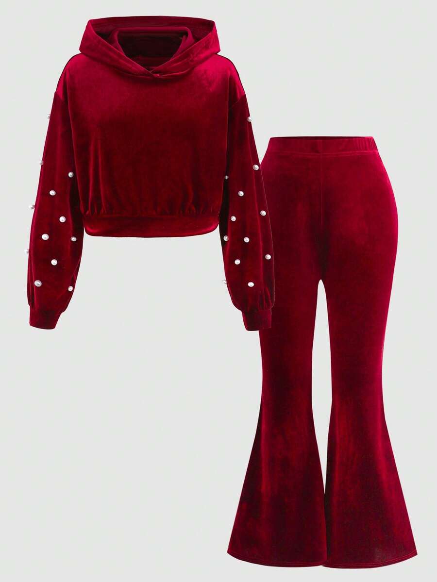 SHEIN Tween Girls' Casual Comfy Hooded Crop Top & Flare Pants Set - Red - View 1