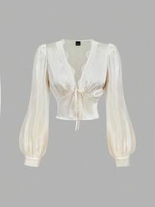 SHEIN MOD Áo cánh lụa tay dài cổ chữ V sâu tay bồng phối ren màu trơn dành cho nữ, mặc hàng ngày, dành cho khách dự tiệc cưới, đi chơi, phong cách phương Tây - Màu be - Xem 3