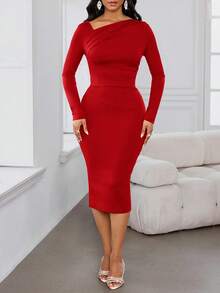 SHEIN Lady 女士优雅纯色不对称领口修身中长连衣裙 - 紅色 - 查看 3