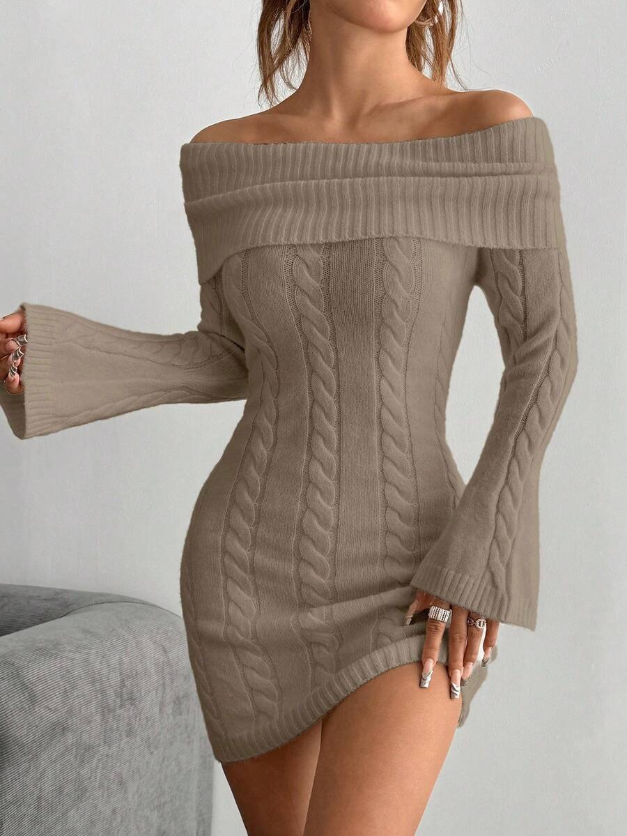 Flirla EZwear Off-Shoulder Long Sleeve Twist Cable Fitted Sweater Dress - Brown - View 1
