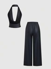 Sweetra 2pcs/Set Women's Black PU Leather Deep Draped Neck Backless Cropped Top&High Waist Wide Leg Pants,Autumn Seksi Chic Party Night Vintage Chic Outfit - Black - View 2