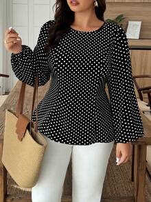 Weeklong Plus Size Black Polka Dot Backless Tie Front Long Sleeve Blouse - Black and White - View 3