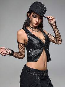 ROMWE Grunge Punk Dark Metal Punk Rivet PU Leather Vest Jacket - Black - View 6