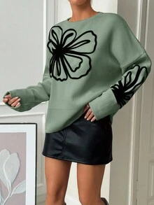 EURMUSE Women's Floral Embroidery Colorblock Crew Neck Sweater, Autumn/Winter - Mint Green - View 6