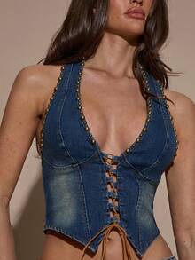 SHEIN BAE 女士夏季时尚街头风水洗蓝前系带金属铆钉露背吊带上衣/外出上衣/春季女装/休闲女装/Y2K风格上衣/2000年代风格/夏季度假/牛仔女装 - 深色水洗藍 - 查看 1