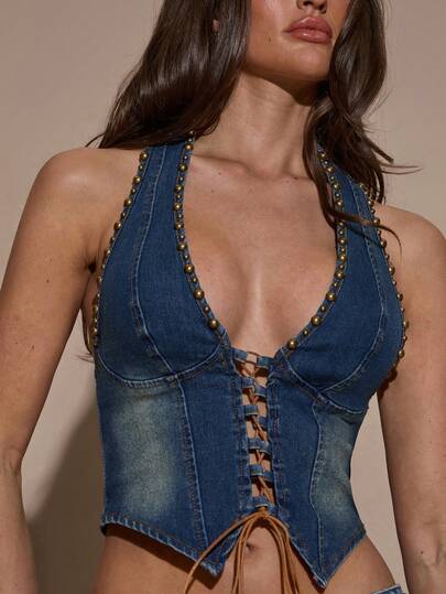 SHEIN BAE Women's Summer Fashion Street Style Washed Blue Front Lace-Up Metal Rivet Halter Neck Tank Top/Going Out Top/Spring Outfit Women/Casual Blouses For Women/Y2K Top/2000s Style/Summer Holiday Outfits/Cowgirl Outfits For Women