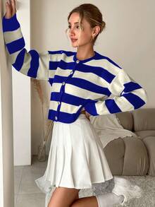 SHEIN Cottnline Cárdigan de rayas con hombros caídos - Azul - Ver 4