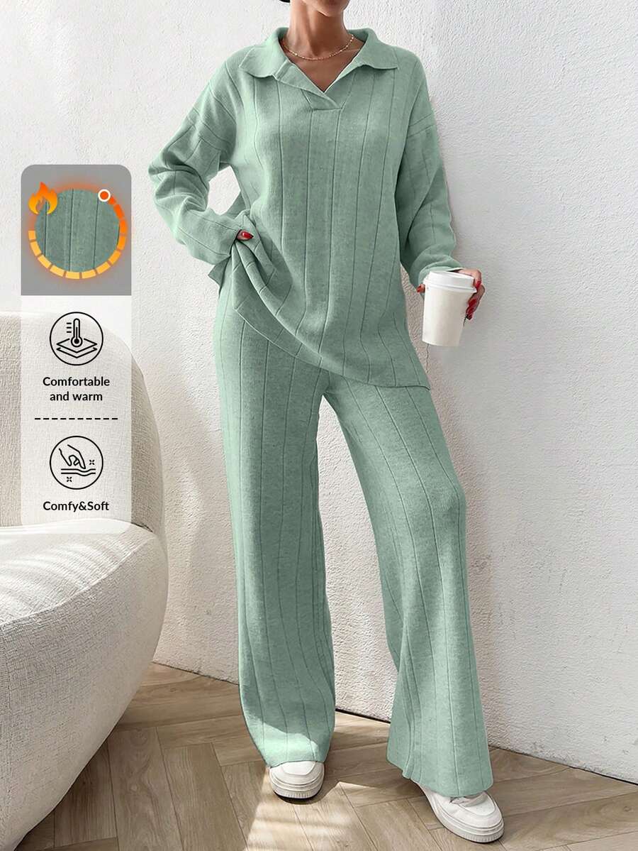 EURMUSE 2buc/Set Pulover tricotat largi cu guler polo cu nervuri uni - Menta verde - Vizualizare 1