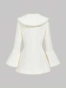 SHEIN MOD 女士优雅大衣，毛领喇叭袖，腰部收紧设计，适合冬季、秋冬季、新年、派对、圣诞节等场合，尽显优雅气质，喇叭袖设计，时尚秋季新款女装，法式度假风，露台休闲，魅力四射，下午茶优雅装扮，时尚秋季新款女装，黑色半身裙 - 杏色 - 查看 2