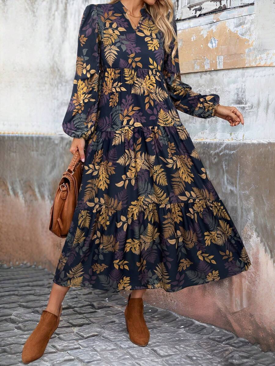 EMERY ROSE Women's Fashionable Casual Printed Notched Neck Mid-Length Dress - Navy Blue - View 1