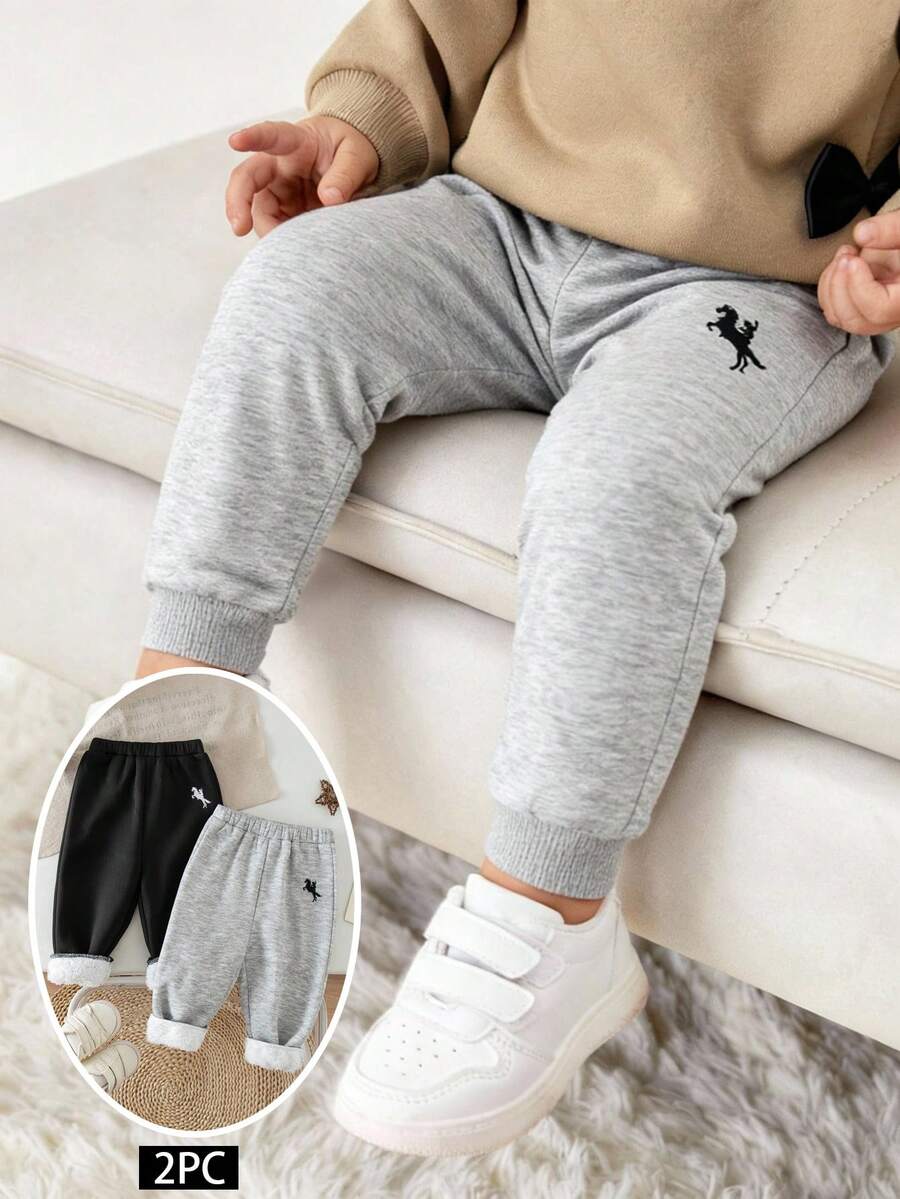 SHEIN 2Pcs Newborn Baby Girl Winter Casual Grey Fleece Long Pants Set,Small Horse Embroidered Elastic Waist Back-To-School School Trousers,Buy One Get One - Multicolor - View 1
