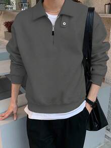 DAZY Áo nỉ chui đầu cổ polo màu trơn có nút điều chỉnh dành cho nam, thời trang thu đông, khóa kéo 1/4 dành cho nam - Màu xám đen - Xem 3