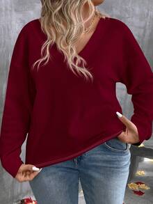 EMERY ROSE Autumn/Winter New Fashion Casual V-Neck Long Sleeve Burgundy Waffle Texture Fabric Plus Size T-Shirt - Burgundy - View 3