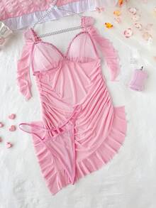 PetitDoll 2pcs Set Sheer Ruched Asymmetrical Hem Mini Skirt - Pink - View 6