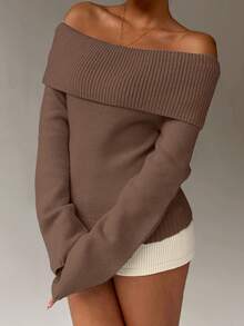 SHEIN Clasi Áo len chui đầu cổ tròn màu trơn - Cà phê nâu - Xem 5