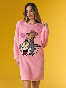 TOM & JERRY X SHEIN Damen Casual Cute Cartoon Letter Besticktes Loses Fleece-Schlafkleid, Herbst/Winter, Drop-Shoulder