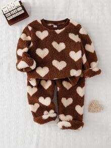 女童休闲爱心印花柔软抓绒长袖上衣和裤子家居服套装 泰迪熊睡衣套装 爱心睡衣套装 两件套睡衣 - 棕色 - 查看 2