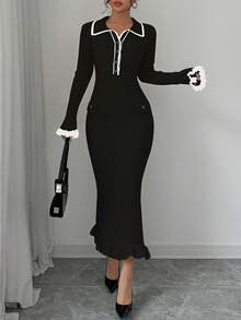 Elenzga Collared Color Block Trim Fitted Elegant Long Sleeve Sweater Dress - Black - View 3