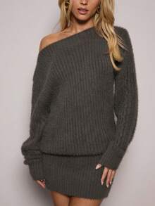 SHEIN BAE Vestido de punto casual de mujer con hombros caídos y unicolor - Gris Oscuro - Ver 8