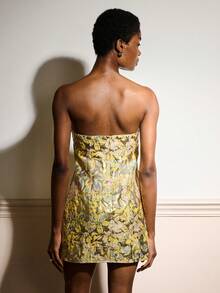 lacRébo 金属花卉提花迷你连衣裙，配撞色蝴蝶结腰带，时尚派对晚装，秋冬 - 黃色 - 查看 2