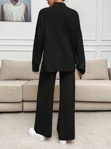 EURMUSE Women Casual Daily Solid Color Drop Shoulder Sweater And Pants Set, Autumn/Winter - Black - View 2