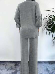 EURMUSE Mock Neck Raglan Sleeve Sweater & Knit Pants Without Belt - Dark Grey - View 3