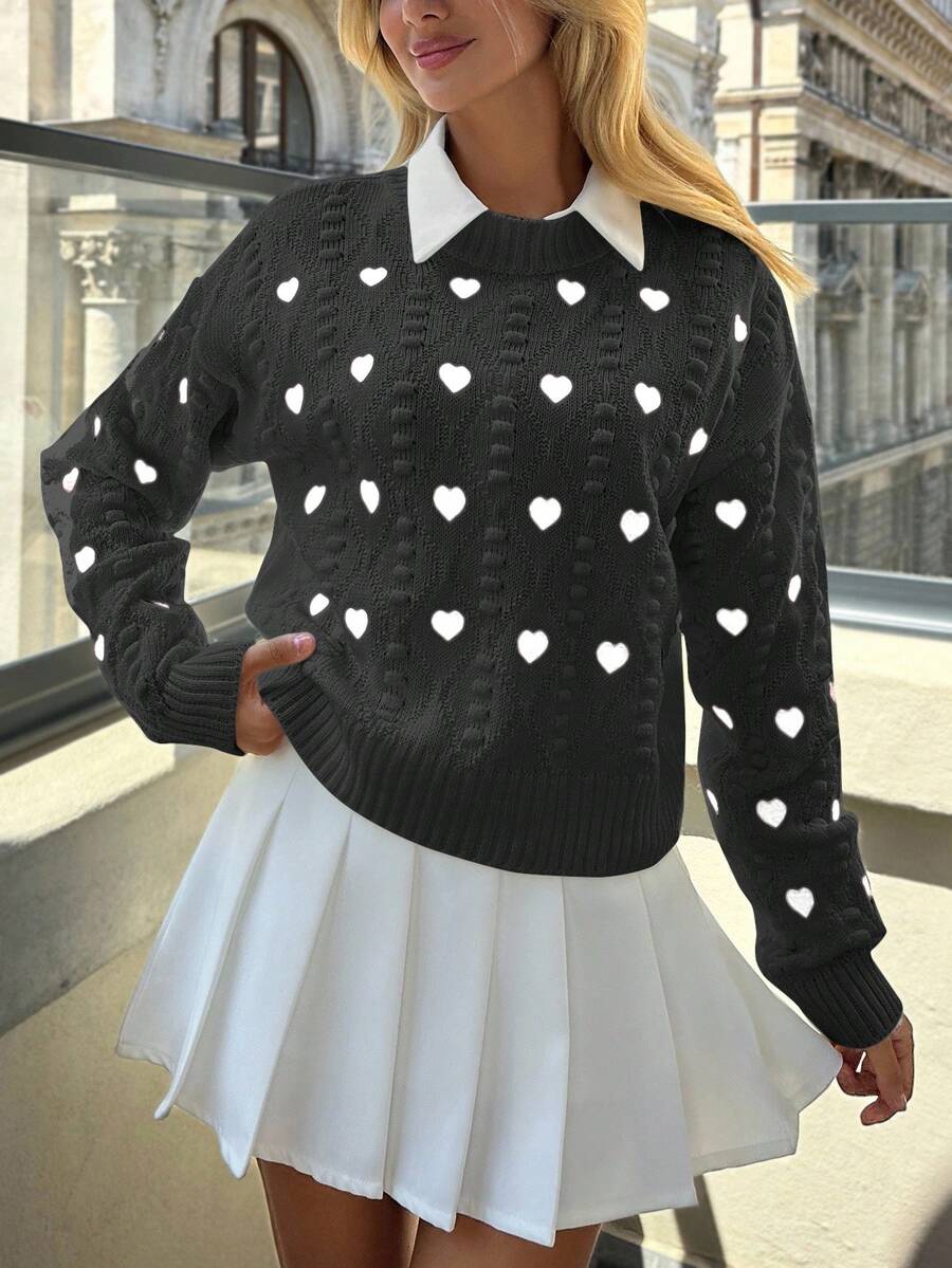 EURMUSE Women Hearth Embroidery Textured Knit Round Neck Pullover - Dark Grey - View 1