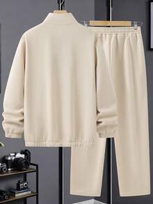 Manfinity Homme Men's Casual Long Sleeve Pullover Sweatshirt And Drawstring Pants Set, Fall Clothes - Beige - View 2