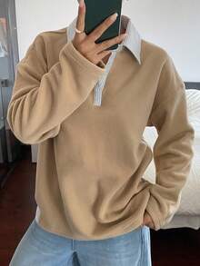 DAZY Sudadera casual de manga larga con cuello polo, de estilo patchwork a rayas con forro térmico para mujer, para otoño/invierno - Caqui - Ver 3