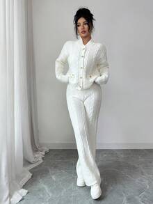 SHEIN Elenzya 2pcs Women Solid Color Sweater Set, Autumn/Winter - White - View 1