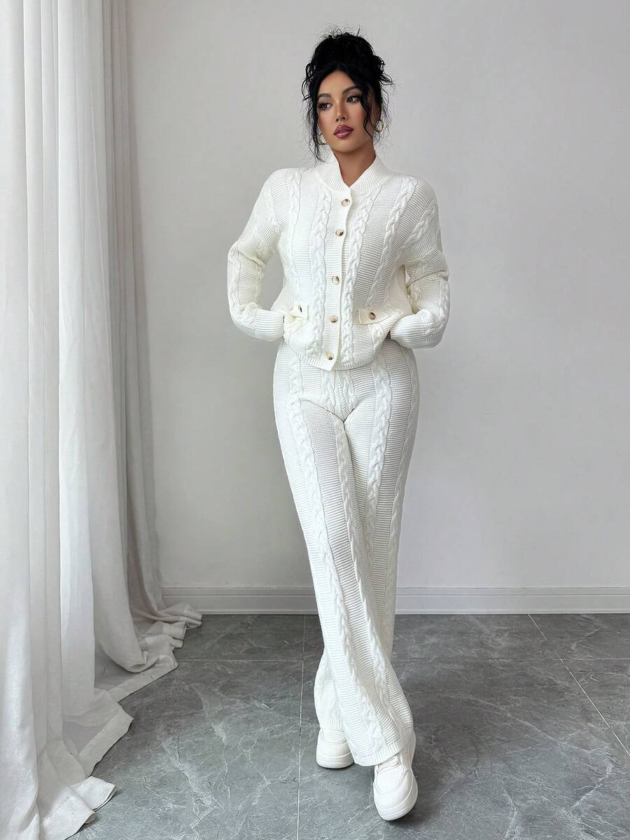 SHEIN Elenzya 2pcs Women Solid Color Sweater Set, Autumn/Winter - White - View 1