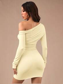 SHEIN PETITE 女士纯色夏季长袖简约短款休闲连衣裙秋装秋季女装秋季女装不对称连衣裙冬装 - 米色 - 查看 2