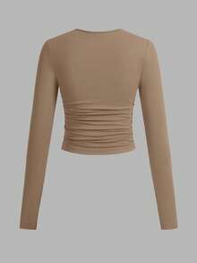 SHEIN EZwear 3件套女士休闲纯色圆领褶皱长袖T恤，秋冬 - 彩色 - 查看 5