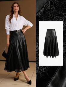 PREMIUM PU LEATHER LACE PANEL FOLD PLEATED SKIRT - Black - View 1