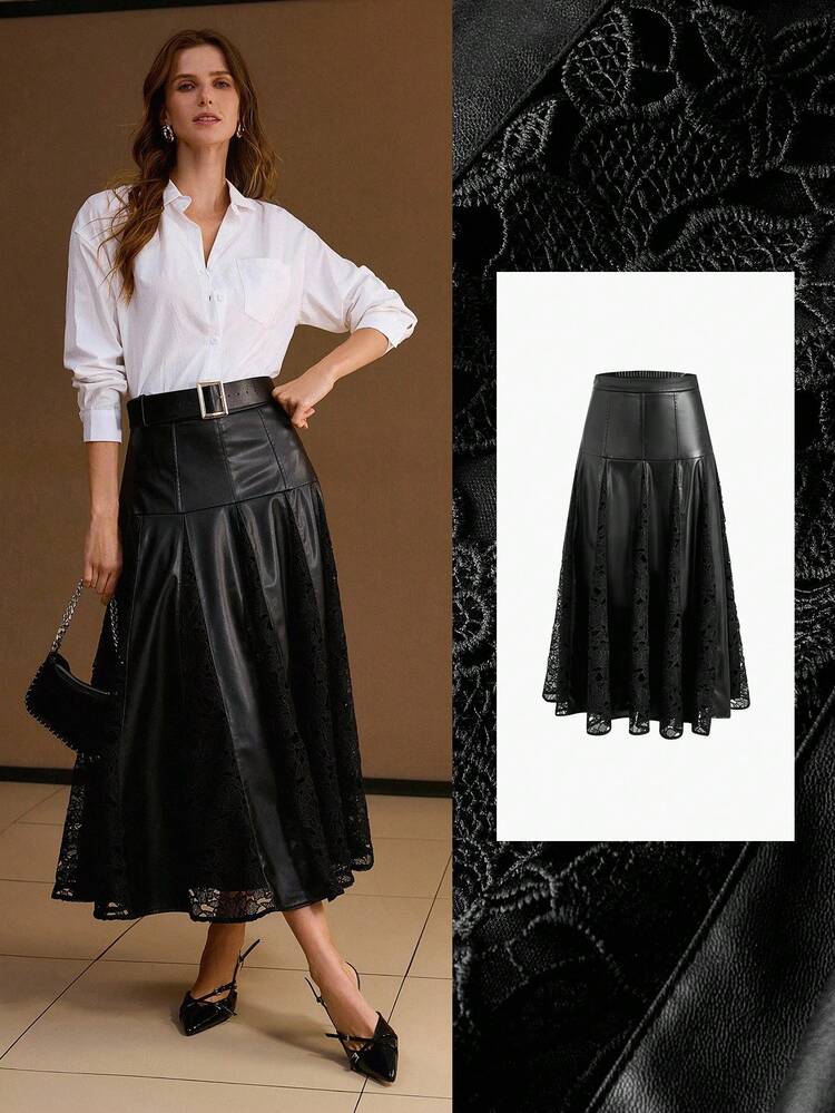 PU LEATHER LACE PANEL FOLD PLEATED SKIRT