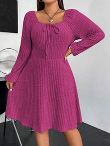 Vionelle Plus Size Women Solid Color Front Tie Raglan Sleeve Ribbed Casual Dress - Hot Pink - View 7