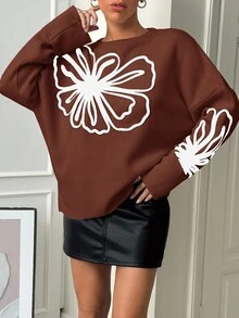 EURMUSE Women's Floral Embroidery Contrast Color Crew Neck Pullover Sweater, Autumn/Winter - Rust Brown - View 4