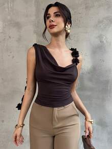 Firerie Áo cánh hoa buộc lưng lệch vai không tay thanh lịch lãng mạn quyến rũ dành cho nữ, thích hợp cho tiệc tùng, đám cưới, tốt nghiệp, mùa thu/đông - màu nâu - Xem 2