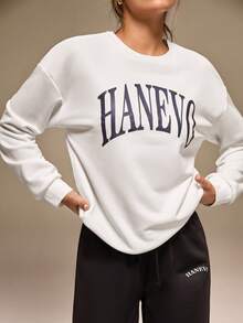 女士流行 Hanevo 休闲徽标运动衫，秋冬 - 白色 - 查看 6