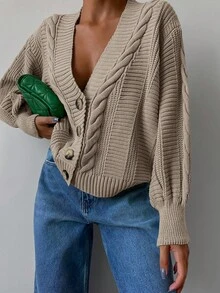 EURMUSE Cable Knit Drop Shoulder Cardigan - Camel - View 5