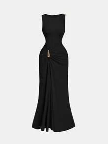 SHEIN MOD 黑色金属扣褶皱不对称修身连衣裙 - 黑色 - 查看 5