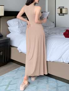 DAZY Đầm dài không tay dệt kim xoắn màu trơn tối giản mặc ở nhà dành cho nữ - Hồng - Xem 2